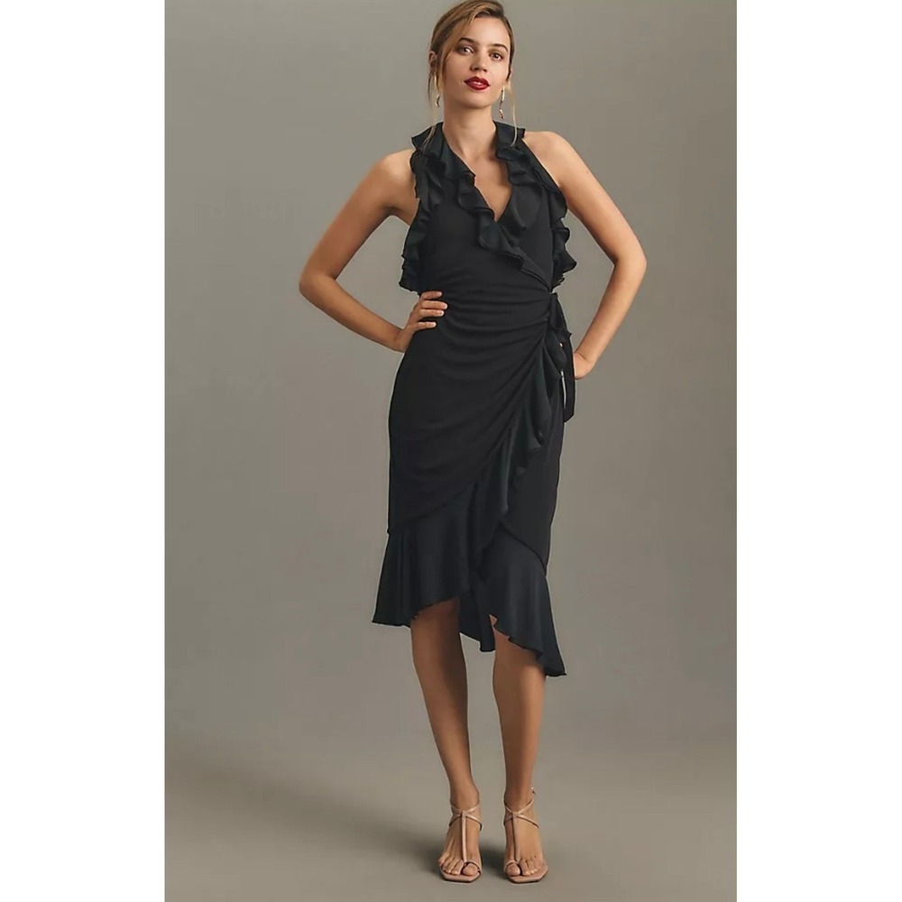 Anthropologie Halter Ruffle Asymmetrical Midi Dress Black Size Small - Picture 1 of 9